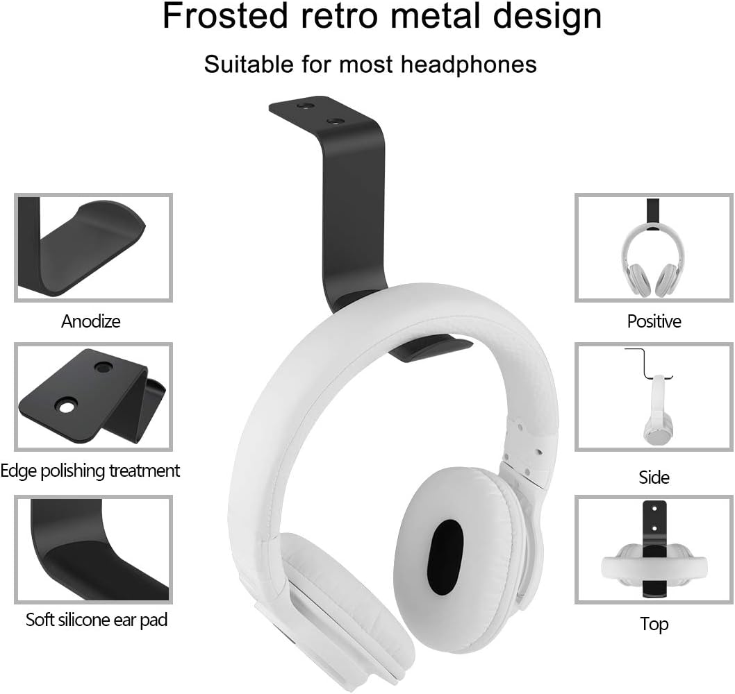 Geekria Headphone Wall Mount Aluminum Headset Holder, Gaming Headset Headphone Hook Holder, Headphone Stand Hanger Wall Mount Under Desk for All Headphones Size (2Pcs / Z/Black)