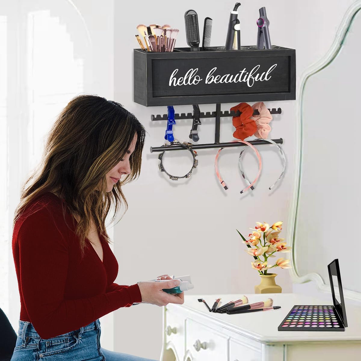 Rustic Hair Dryer Holder Wall Mounted,Hair Styling Tools & Accessories Organizer,Bathroom Supplies & hot Tools vanities Organizer Caddy,for Storage Flat Iron,Blow Dryer,Curling Iron,Towel