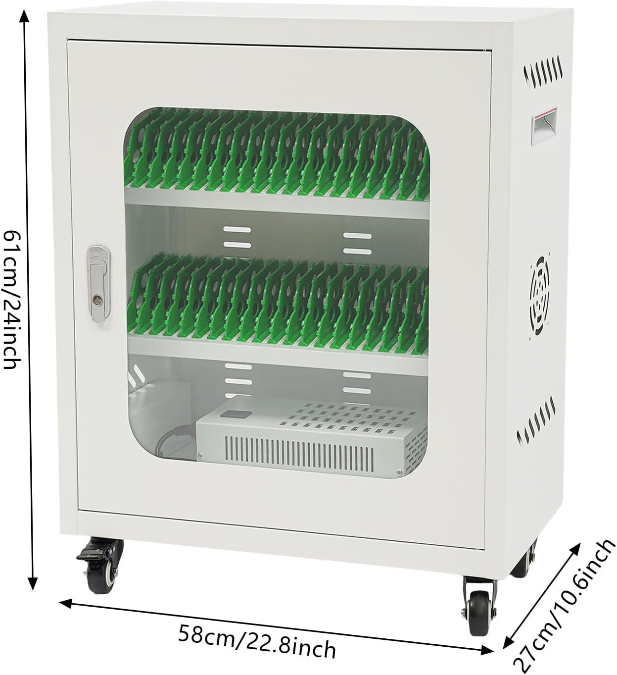 Mobile Phone Charging Cabinet 40-Port Charge Station with 4 Universal Wheels (2 Brakes) & Visible Door 40 Device Charging Cart Mobile Charge Station for Cell Phones Less Than 8'' In Size(White)