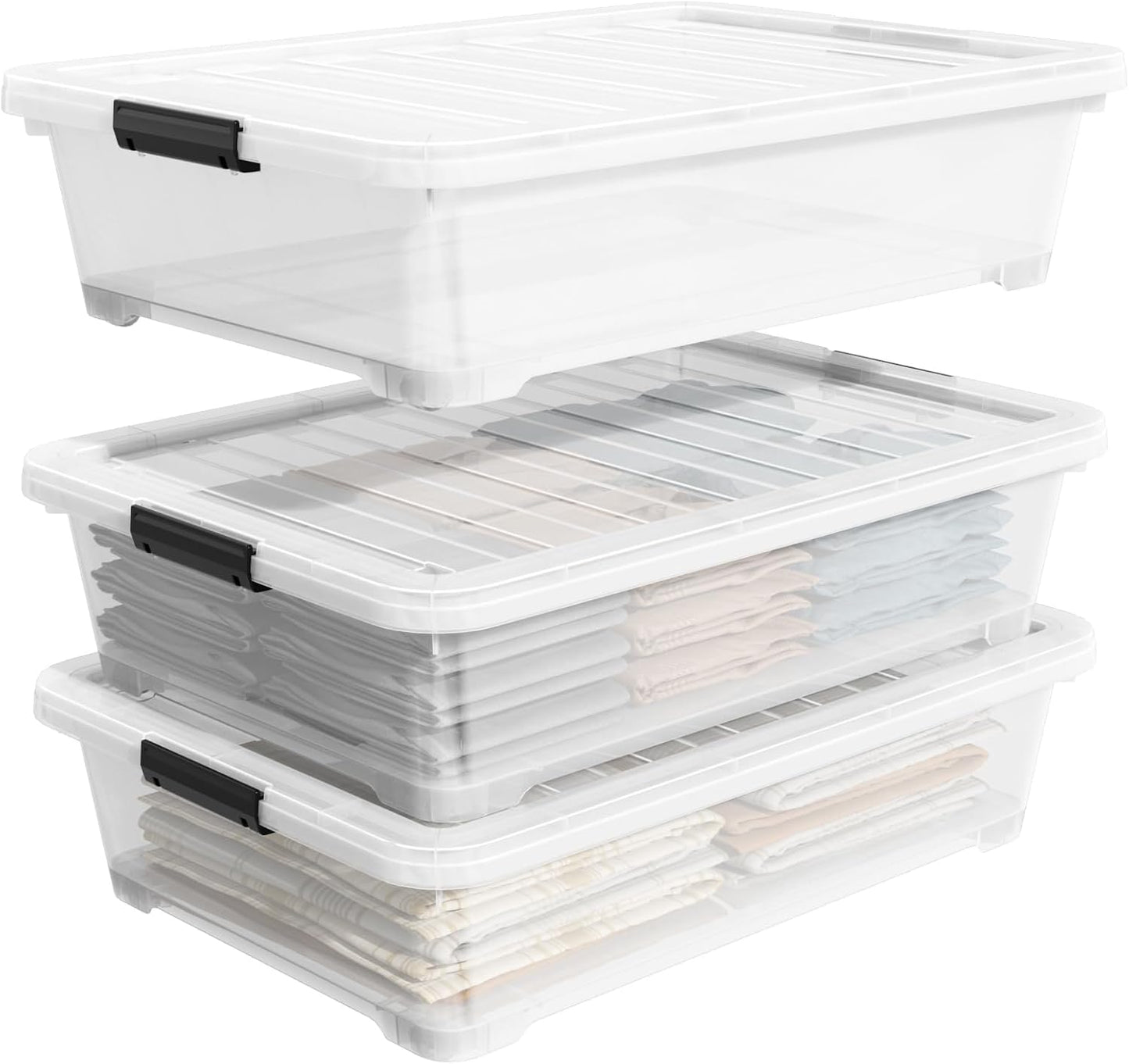 50 Qt Wheeled Underbed Storage Box, Large Clear Plastic Storage Bins with Lids and Secure Latches, 3-Pack