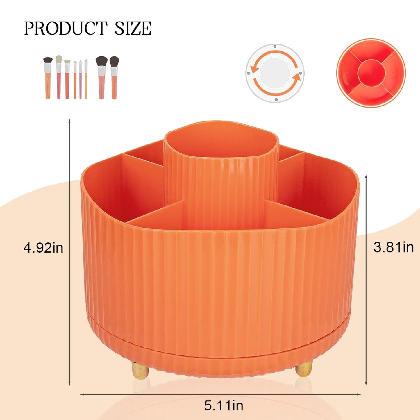 Anyoifax 360° Rotating Makeup Brush Holder Organizer, Make up Brushes Cup for Vanity, 5 Slot Spinning Makeup Organizers for Cosmetics, Lipstick, Pen, Orange
