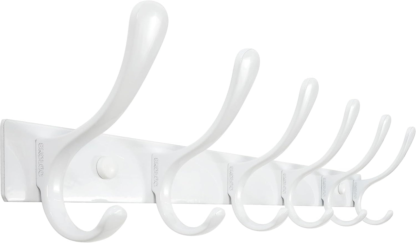 SKOLOO Heavy Duty Wall Mounted Coat Rack - 6 Hooks, Stainless Steel, Sturdy Coat Hooks for Hanging Clothes, Jacket, Hat, White
