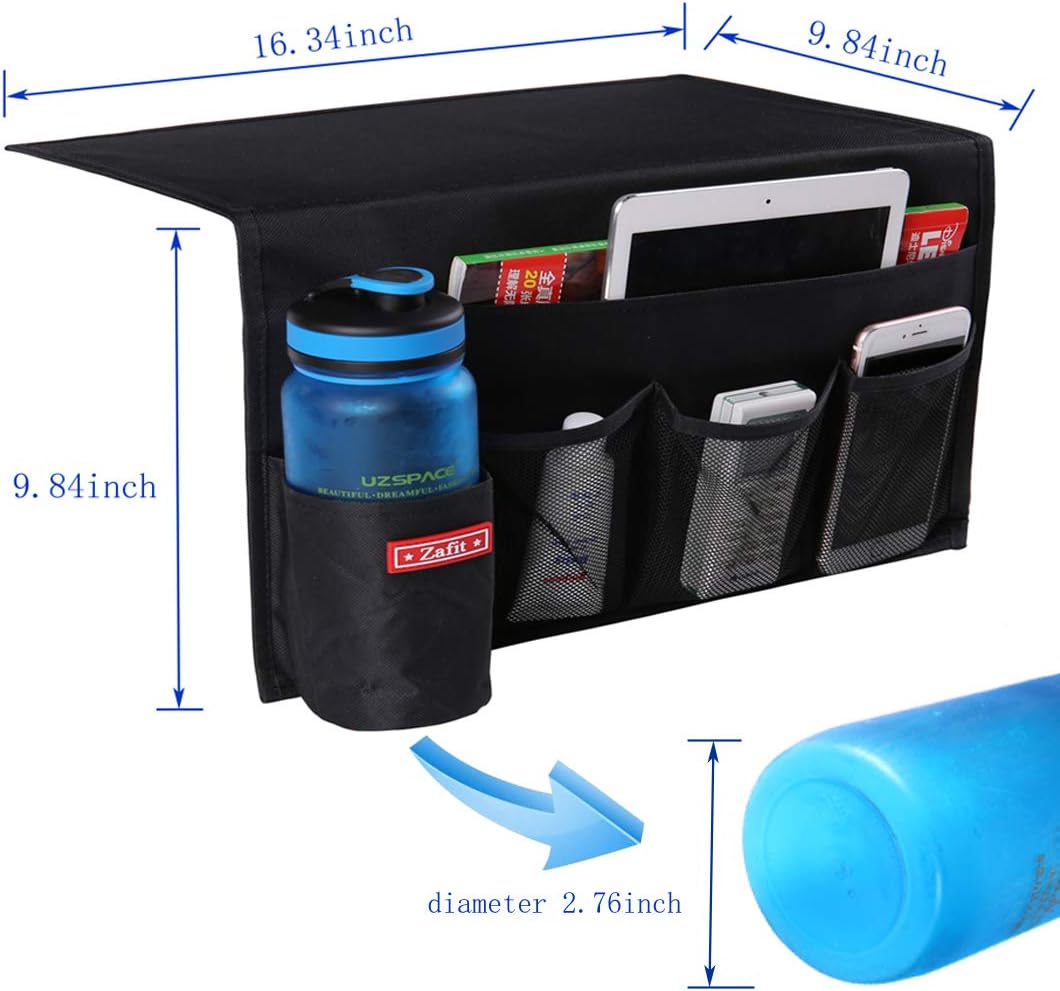 5 Pockets Bedside Caddy, Bedside Storage Organizer for Water Bottles, Magazines, Phone, Glasses (5 Pockets-Black)