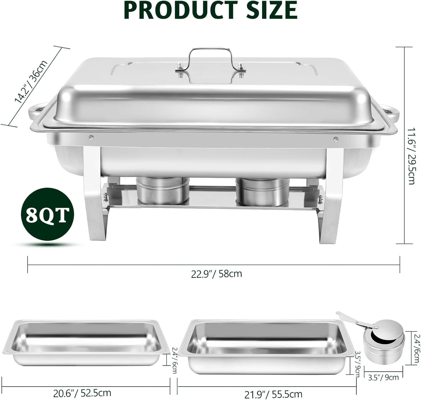 8 Qt 4 Pack Full Size Stainless Steel Chafing Dishes Buffet Set, Silver Rectangular Catering Chafer Warmer Set with Trays Pan Lid Folding Frame Stand for Kitchen Party Banquet Dining