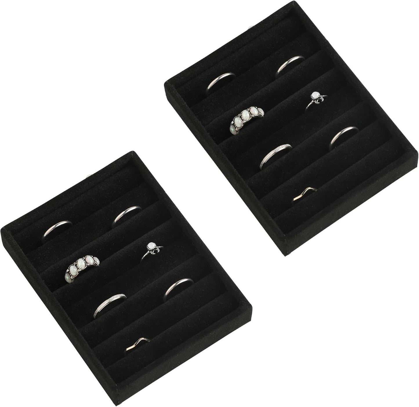 Frebeauty Small Jewelry Tray Set,Velvet Ring Organizer,Stackable Jewelry Organizer Tray,Mini Jewelry Drawer Organizer,4.92 x 3.74 x 0.9 Inches,7 Slots Ring Tray for Women (Set 2,Black)