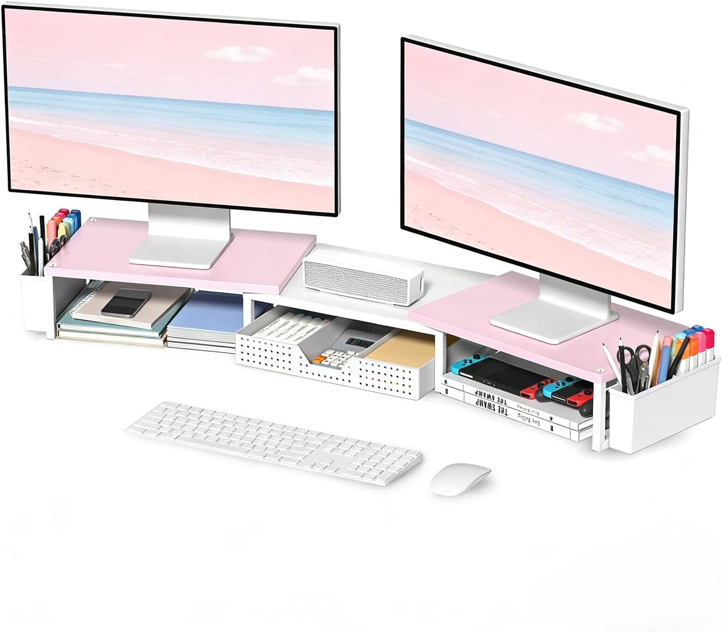 OPNICE Wood Desk Organizers and Accessories, Dual Monitor Stand Riser with Drawer and 2 Pen Holders, Desk Shelf Computer Racks for Office Workspace Organizers, Desktop Organization (Pink＆ White)