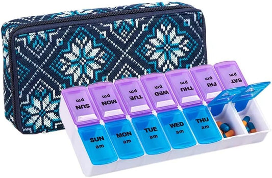 Weekly Pill Organizer 2 Times a Day, Zumd Pill Box 7 Day with Cute Quilted Fabric Zipper Case, Travel Pill Case Am Pm for Vitamin Medicine Organizer