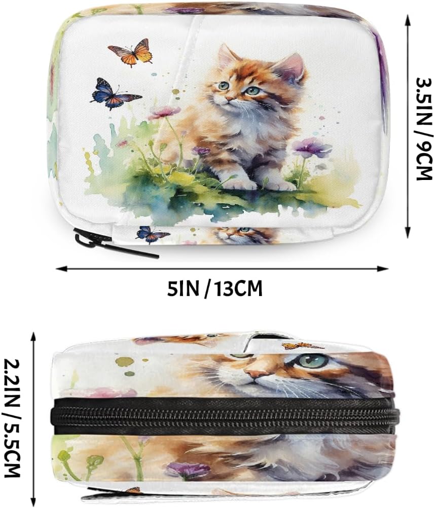 Watercolor Cute Cat Butterfly Pill Organizer Travel Medicine Case with Zipper Daily Vitamin Storage Bag Portable 8 Slot Weekly Pill Box Supplement Holder for Home Office Gym Travel