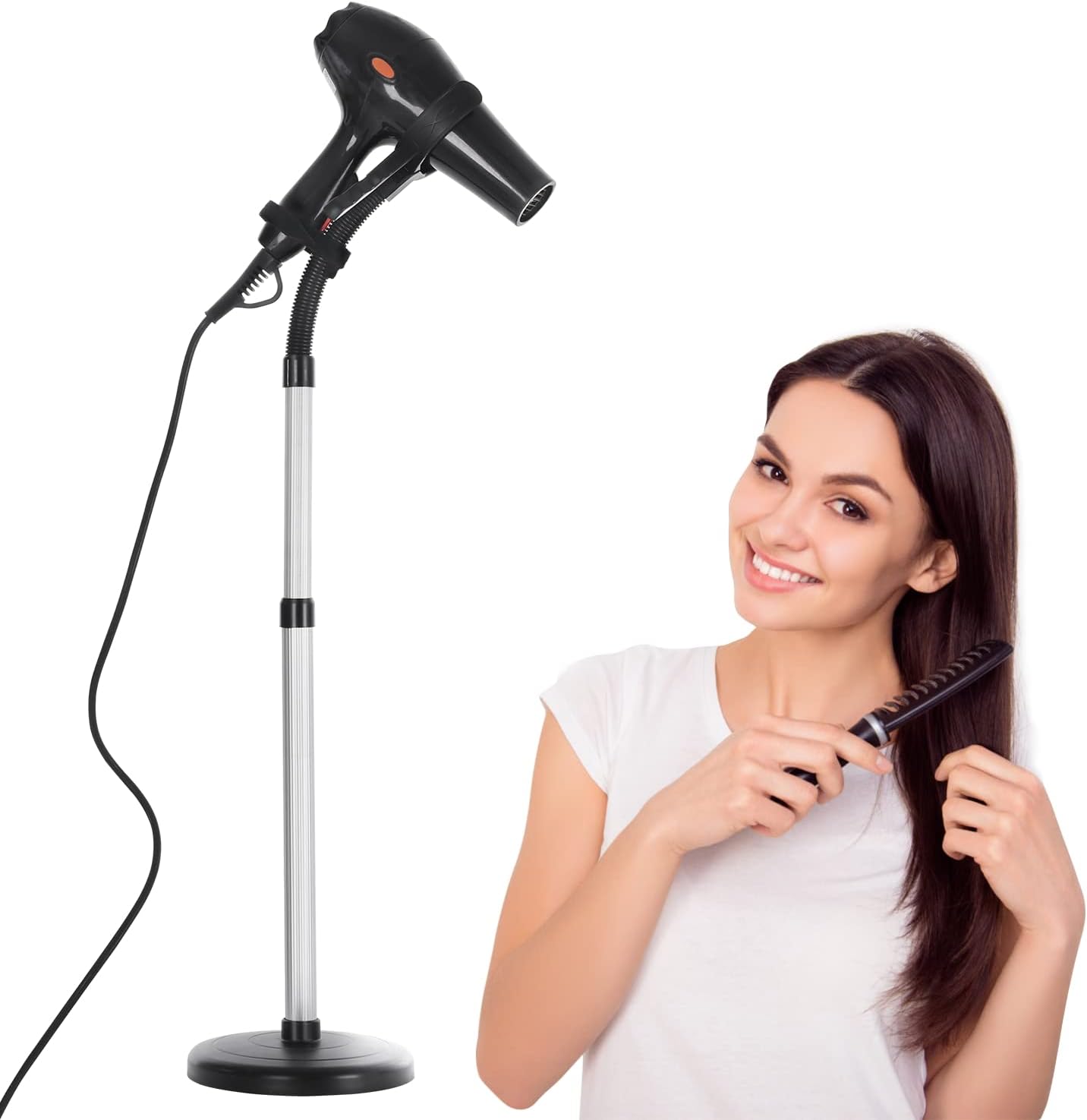 Erytlly Hair Dryer Stand Hands Free 360-Degree Rotating Adjustable Height Metal Hair Dryer Stand Blow Dryer Holder for Bathroom, Vanity, Makeup Room