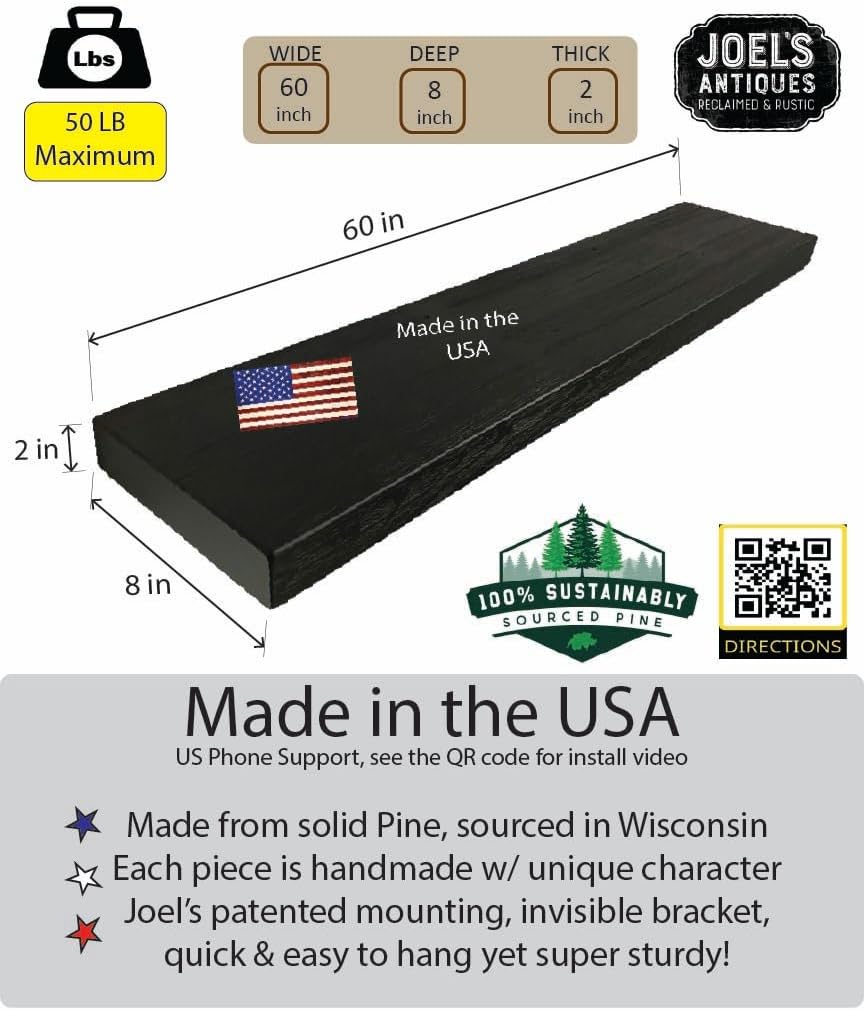 joelsantiques 60 Inch Wooden Floating Shelves for Wall - 60x8x2 in - Made of Natural Wood - Long Wall Shelves for Bedroom - Perfect for Living Room, Kitchen - Made in USA - Black