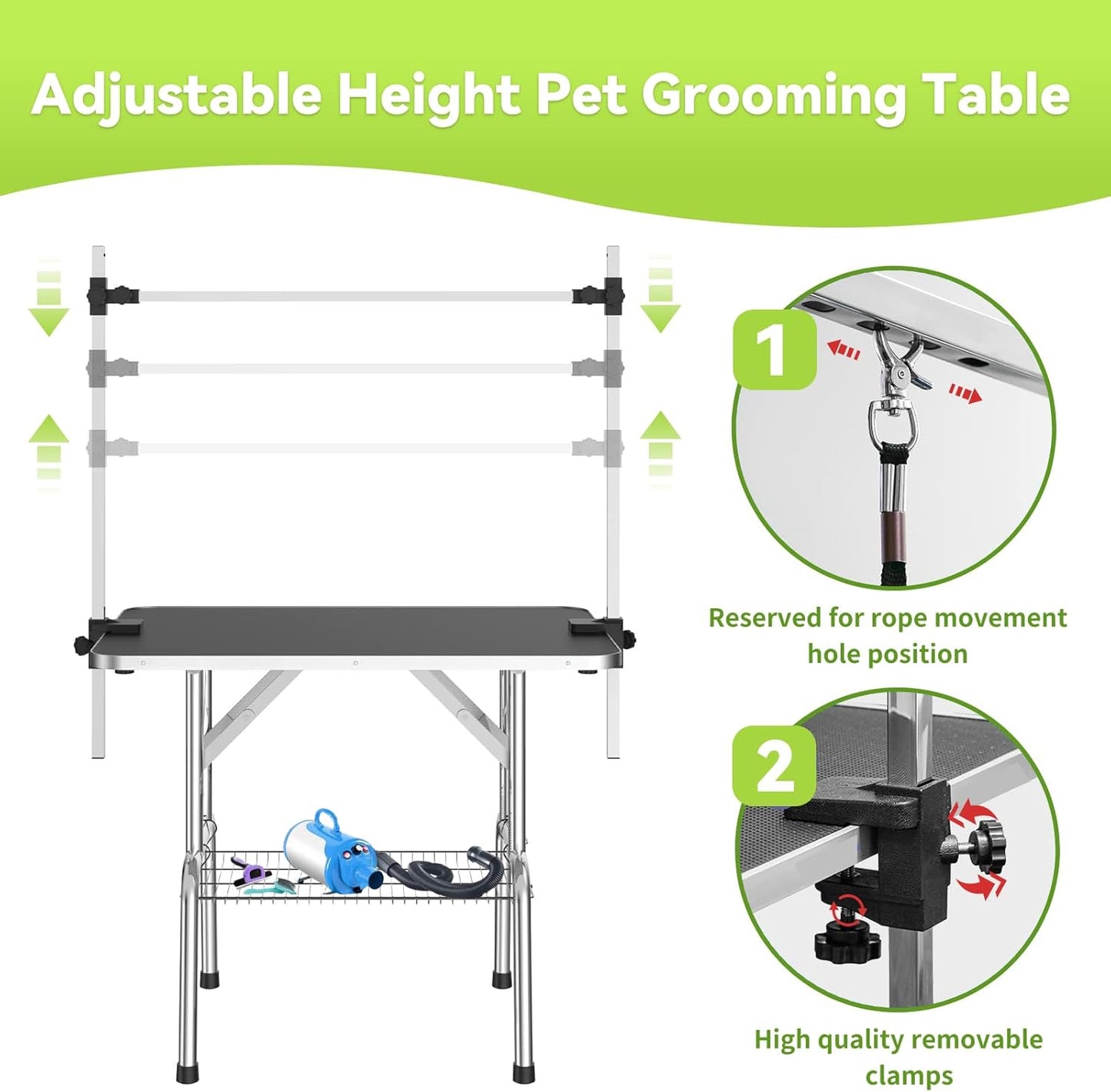 46" Large Dog Grooming Table, Non-Slip Tabletop with Adjustable Armrests, Lasso, Tool Organizer, Grid Tray, Foldable Home Pet Station, Maximum Weight Capacity 330 Ibs,Black