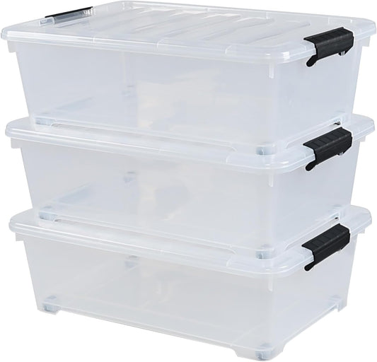 Zopnny 3-Pack 20 Quart Under Bed Shoe Storage Organizer, Underbed Storage Container Box with Wheels, Clear