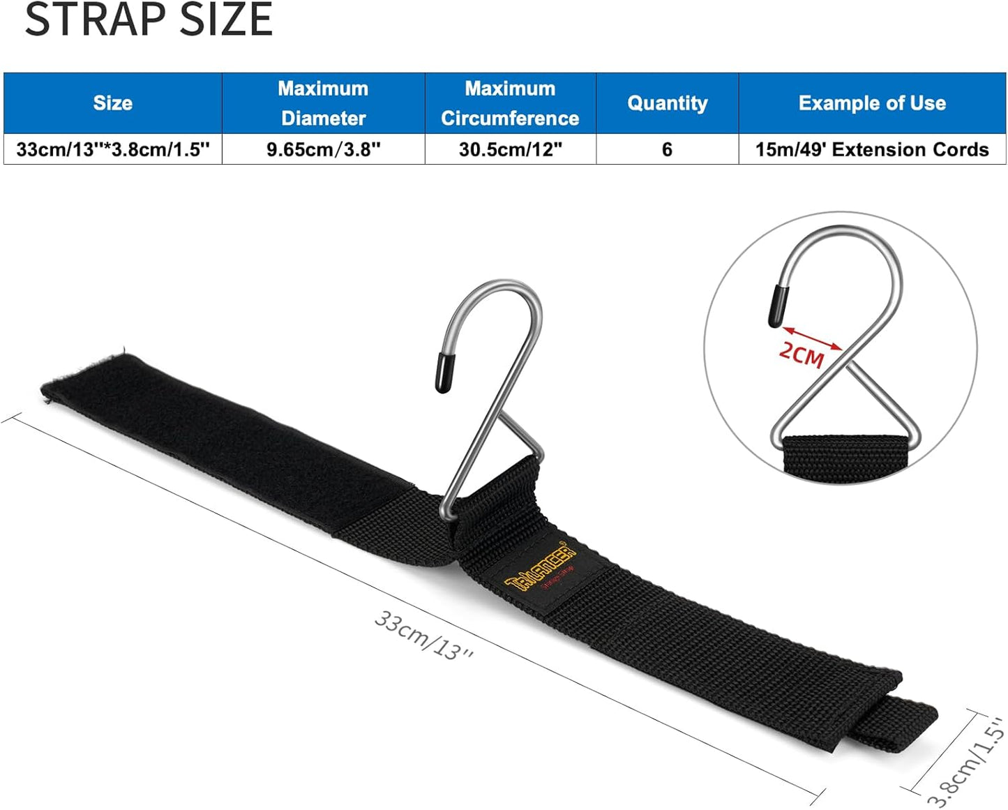 Extension Cord Organizer and Hanger (6-Pack), Trilancer Hook-and-Loop Storage Straps with Metal Hook to Hang on Walls for Cables, Wires, Rope, Hoses, Organization for Home, Garage or Workshop