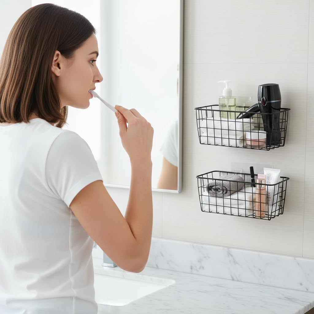 2 Set Adhesive Hanging Wall Basket Inside Cabinet Door Organizer,Wall StorageBasket-No Drilling Adhesive wall Basket for Cupboard Door, Space-Saving Small Hanging Baskets for Wall Mount Storage,Black