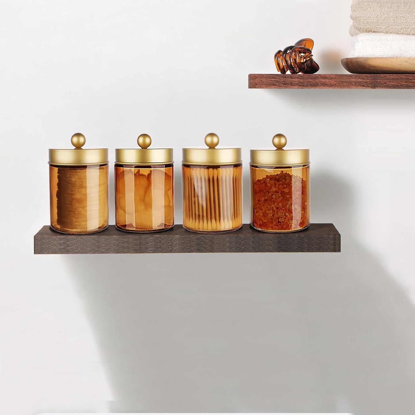 Amolliar Bronze Glass Apothecary Jar, Qtip Holder Metal Lid & Stickers, Bathroom Qtip Dispenser Storage Canister, Perfect for Cotton Balls, Cotton Swabs, Makeup Pads, Bath Salt, Floss, 4 Pack (Gold)
