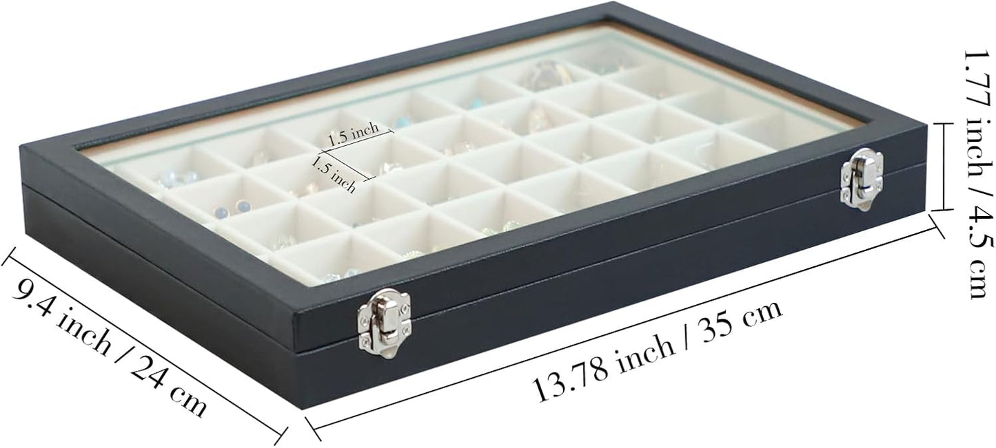 Stratalife Jewelry Organizer 40 Grid Beige Black Jewelry Tray with Clear Dust-proof Lid Velvet Earring Organizer Necklace Rings Holder Display Drawer Storage Case for Women