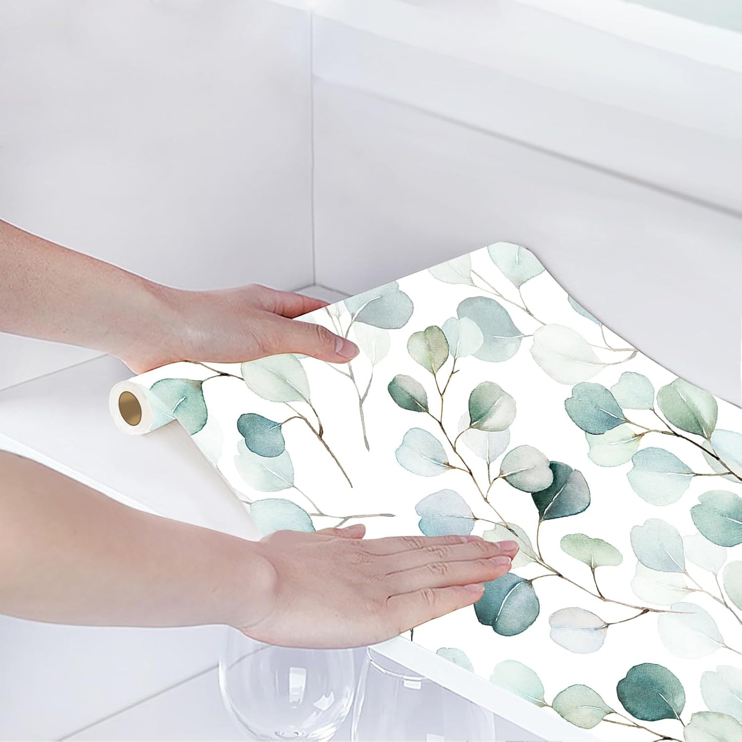 HAOKHOME Shelf Liner and Cabinet Liner Boho Leaf, Self-Adhesive Drawer Liners, Peel and Stick Contact Paper for Kitchen Cabinets and Cupboard, Bathroom Drawers, Green/White 17.3in x 16.4ft