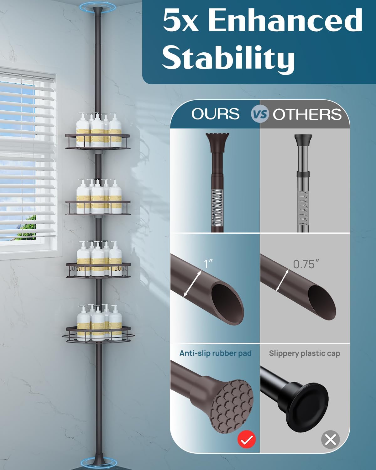 SEIRIONE Rustproof Shower Corner Caddy Organizer for Bathroom,Tension Pole with 4 Baskets, for Bathtub Storage Rack, 34 to 116 Inch Height, Bronze