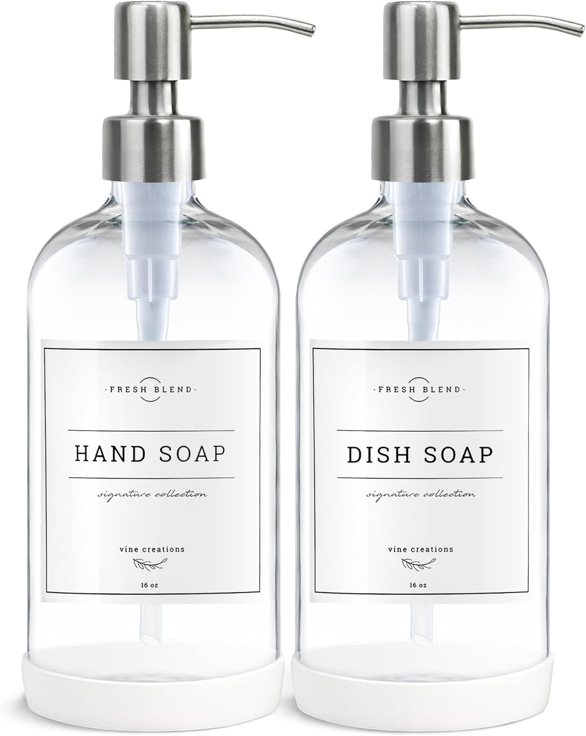 Vine Creations Clear Glass Soap Dispenser, 2 Pack Kitchen Soap Dispenser Set with Stainless Steel Pump, 16 oz Hand Soap or Dish Soap for Bathroom or Kitchen with Waterproof Labels
