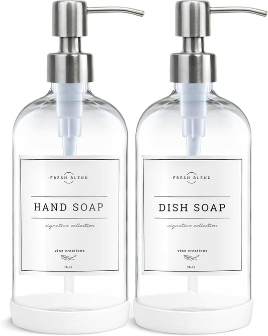 Vine Creations Clear Glass Soap Dispenser, 2 Pack Kitchen Soap Dispenser Set with Stainless Steel Pump, 16 oz Hand Soap or Dish Soap for Bathroom or Kitchen with Waterproof Labels