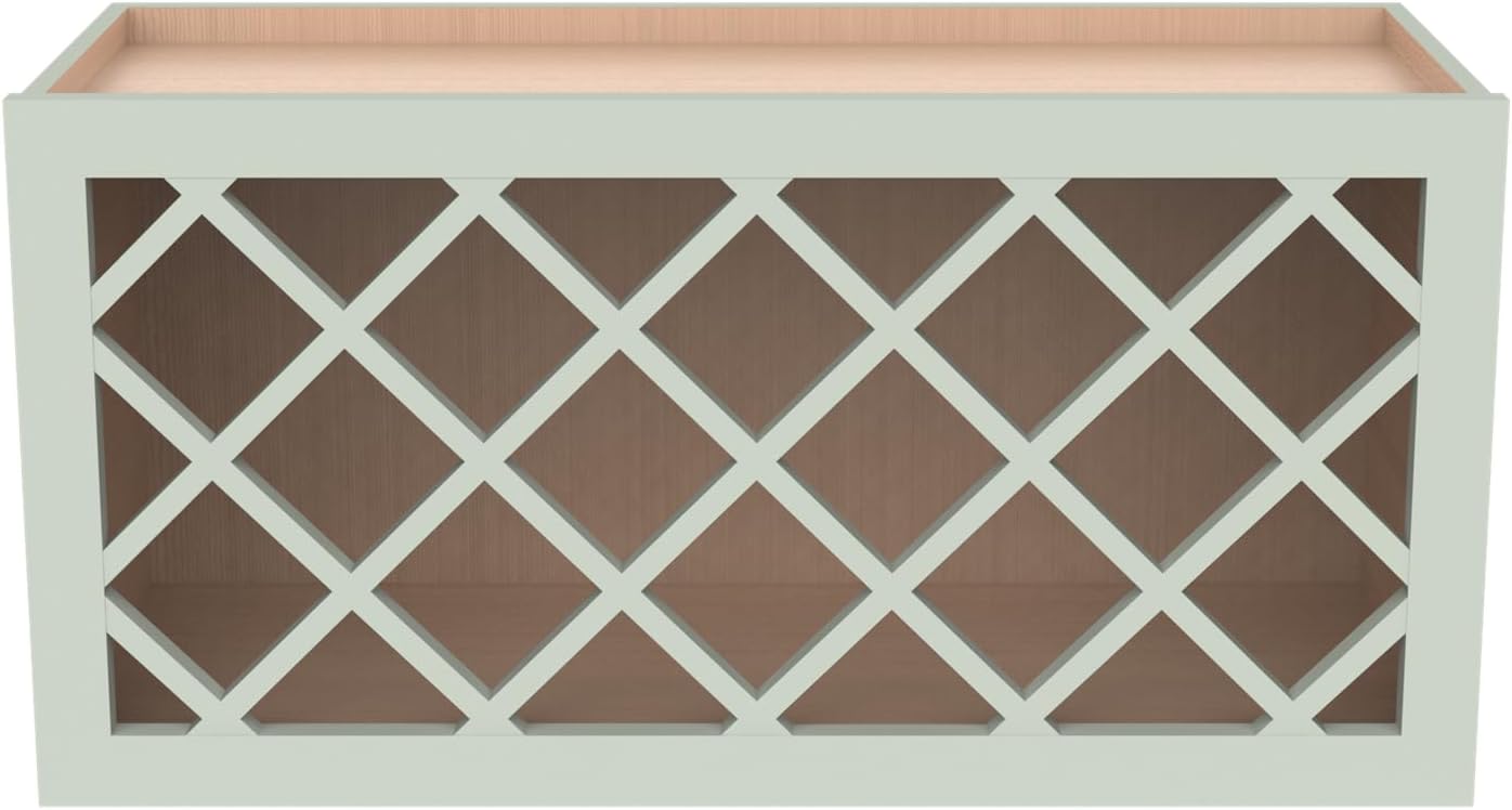 Solid Wood RTA Wine Bottle Rack Wall Cabinet with Lattice Panels - Wine Storage for Bar, Pantry, Cellar - Mocha (Jade Green, 30'W 12'D 15'H)