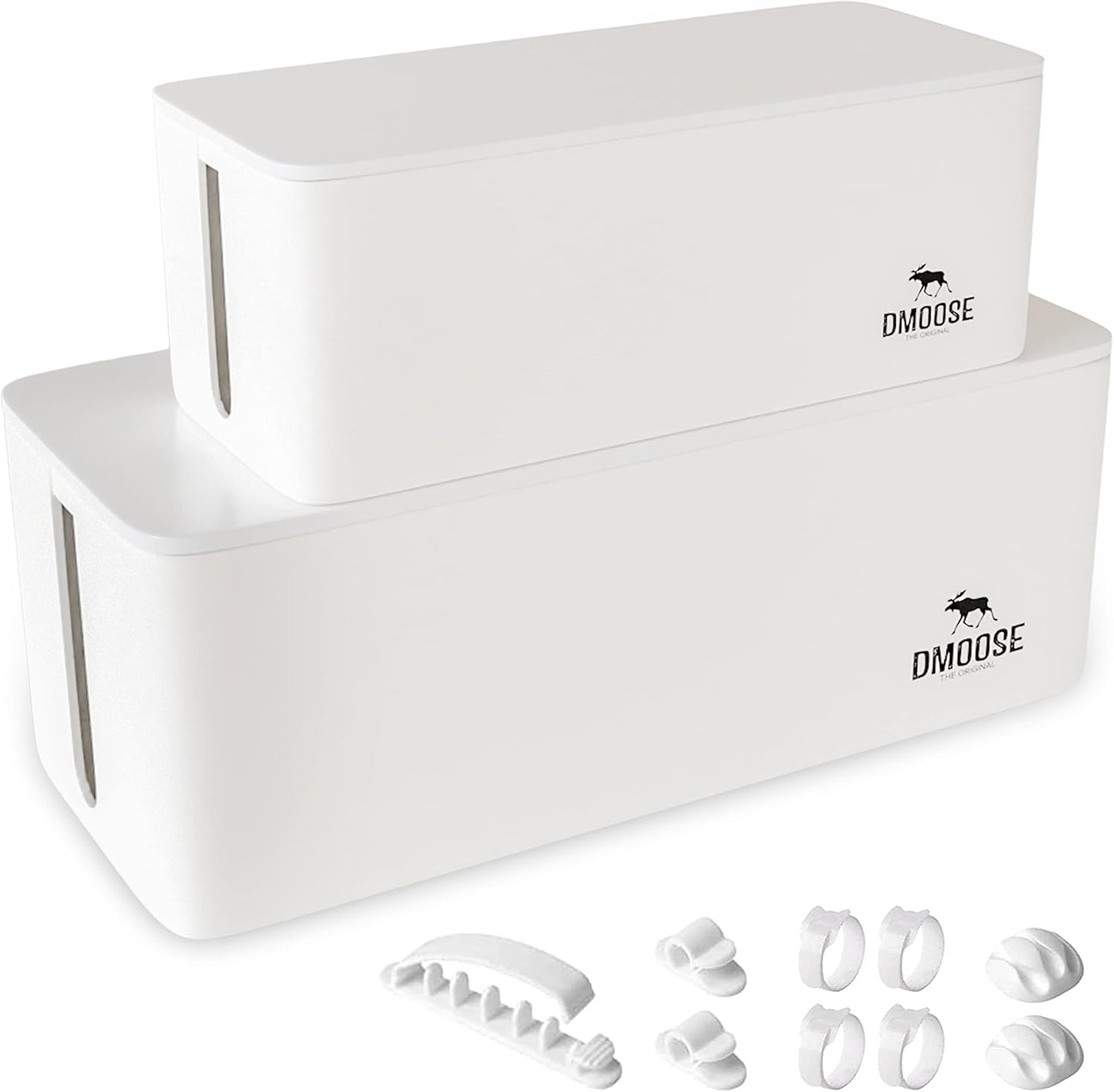 DMoose Cable Management Box - 2 Pack Medium & Large Cord Organizer for Desk & Floor - Cable Organizer Box for Child & Pet - Cable Box Hider for Tidy Office & Home, Power Strip Cover (White, Pack of 2)