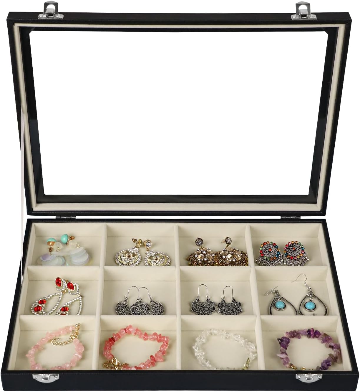 Stratalife Jewelry Organizer Bracelet Holder Organizer Box Earring Storage Drawer Jewelry Display Anti Tarnish Ring Holder For Women Girls 12 Grid (Beige Black)