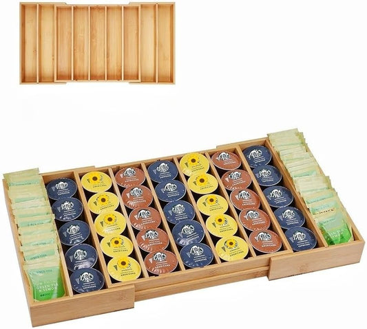 K Cup Holder Bamboo Coffee Pod Holder Drawer Organizer, Expandable K Cup Pod Storage Tea Bag Storage for Coffee Station Home Office and Kitchen
