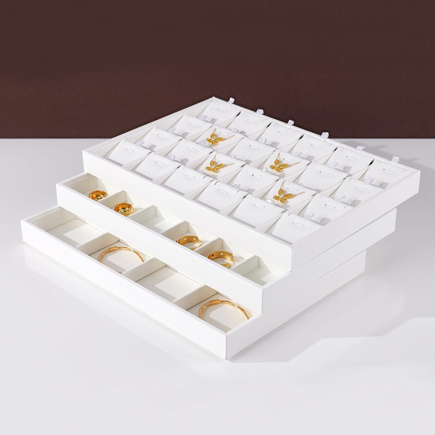 White PU Leather Jewelry Display Tray for Long Chain Pendant Necklace Organizer Display Showcase Jewelry Storage Tray