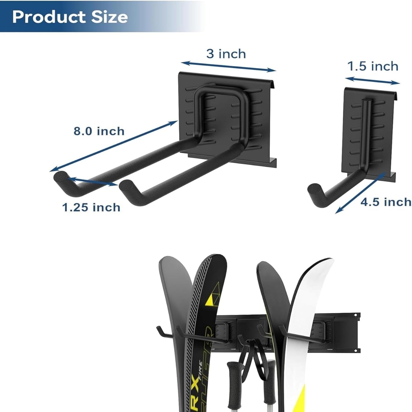 WALMANN Wall Mounted Ski Rack, Garage Ski Storage for 4 Pairs of Skis Mount Hanger Home Shed and Garage Snowboard Wall Rack Holds Up to 200 lbs