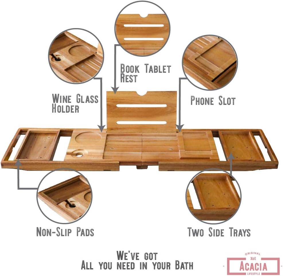 XcE Foldable Acacia Wood Bathtub Caddy Tray - Expandable to 40 Inches with Non-Slip Pads for Couples Luxury Bath