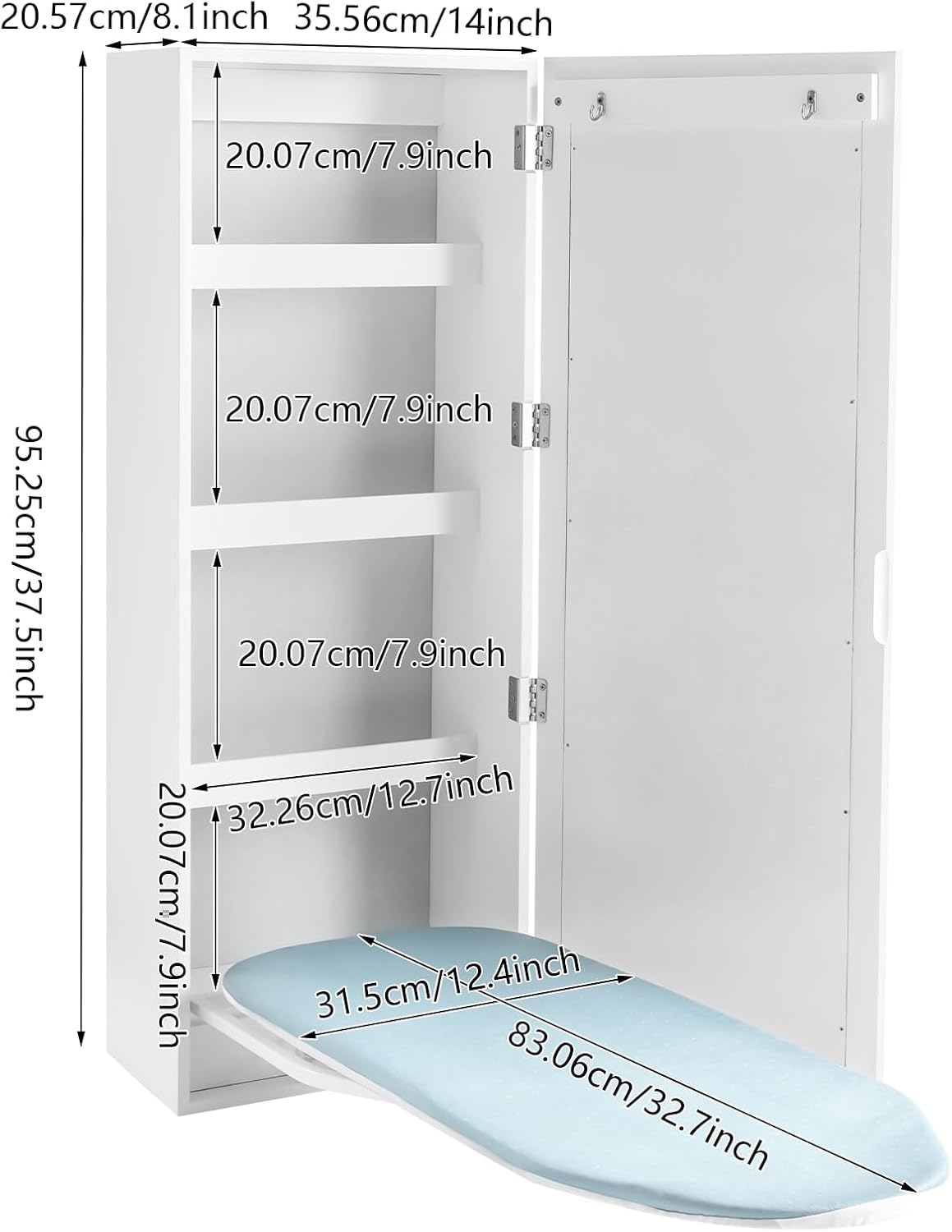Wall Mounted Ironing Board Cabinet, Swiveling Ironing Board with Storage Cabinet for Bedrooms and Checkrooms 14 x 8.1 x 37.5 Inch White