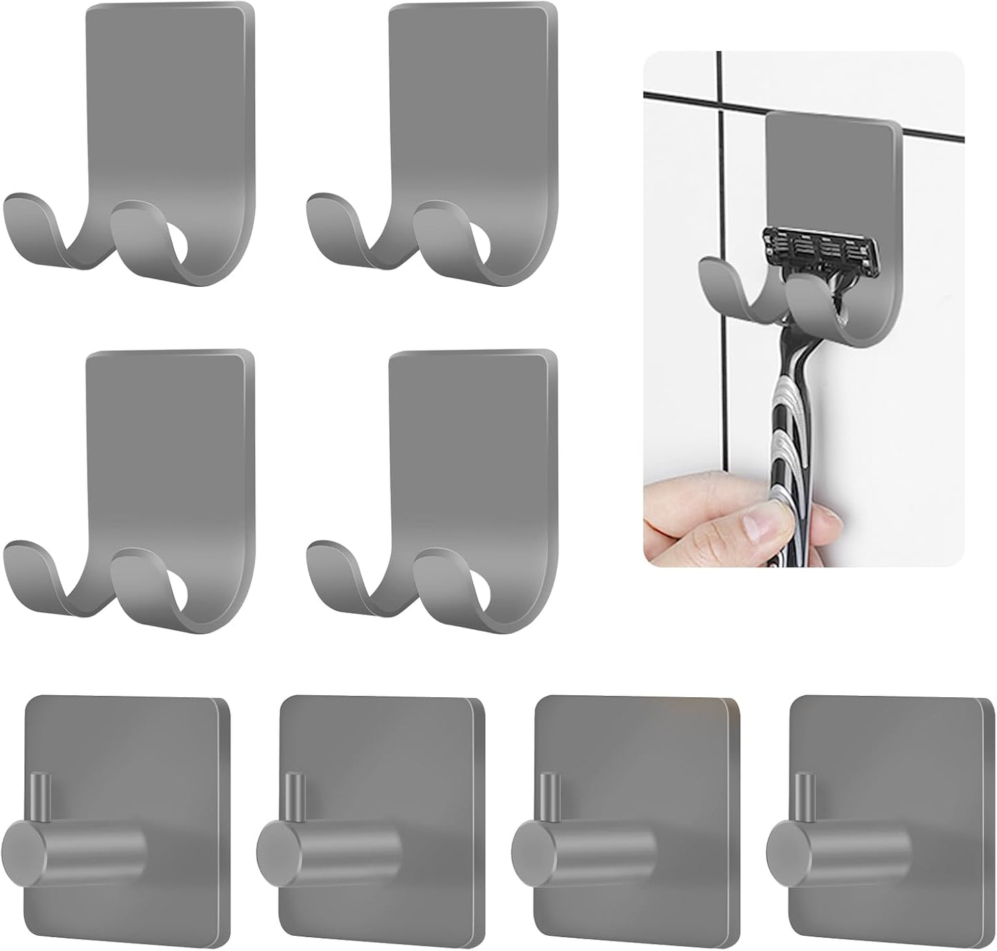 CGBE Razor Holder for Shower, 4 Packs Shaver Holder and Hooks, Self Adhesive Wall Mounts for Bathroom, Damage Free - Grey