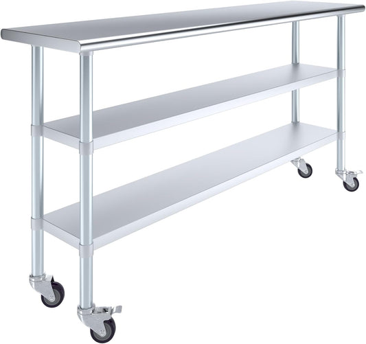 AmGood Stainless Steel Work Table with 2 Shelves and Casters | Metal Utility Table On Wheels (Stainless Steel Work Table with 2 Shelves + Casters, 72" Long x 18" Deep)