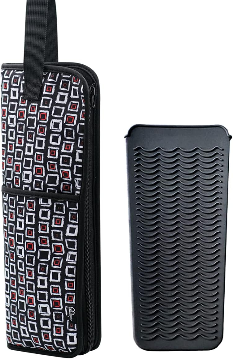 2 Pieces Hair Flat Iron Case Holder Canvas Bag Heat Resistant Curling Iron Silicone Straightener Holder Mat for Hair Tools Curling Iron Organizer Bag (Black check)