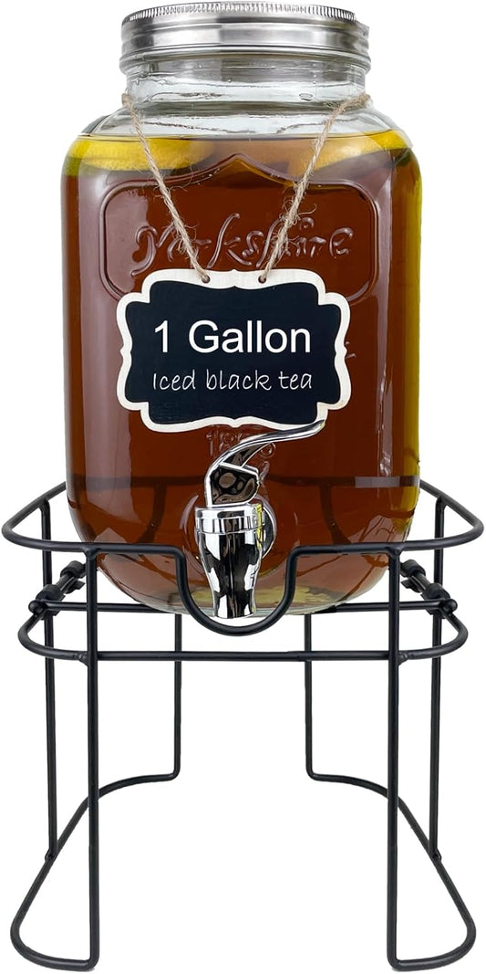 1 Gallon Glass Drink Dispenser for Parties, 1PCS Juice Lemonade Ice Tea Water Dispenser with Stand, HENABLE Beverage Dispensers with Spigot for BBQ, Picnic, Party