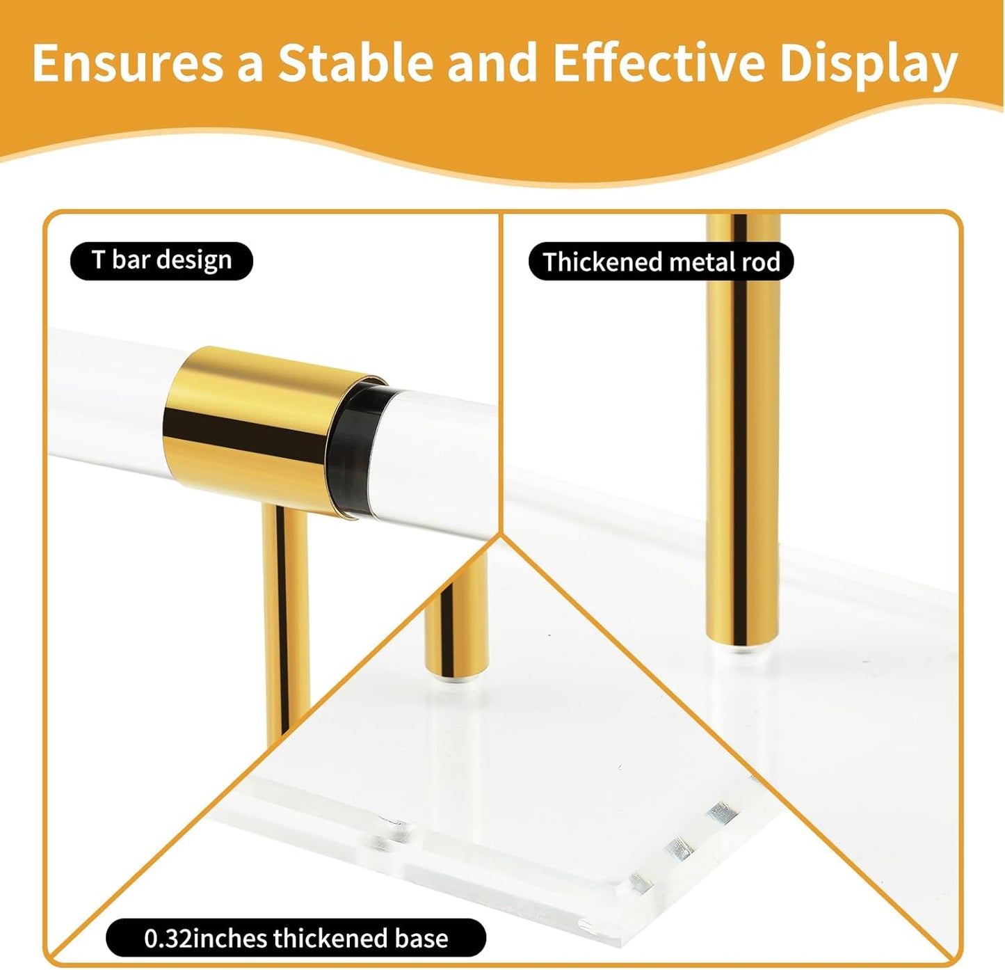 Acrylic Bracelet Holder Display Stand, Tangle-Free T-Bar Necklace Display for Vendors Retail Store Home, Clear Jewelry Organizer, Bangles Watch Holder Stands with Gold Stainless Rod