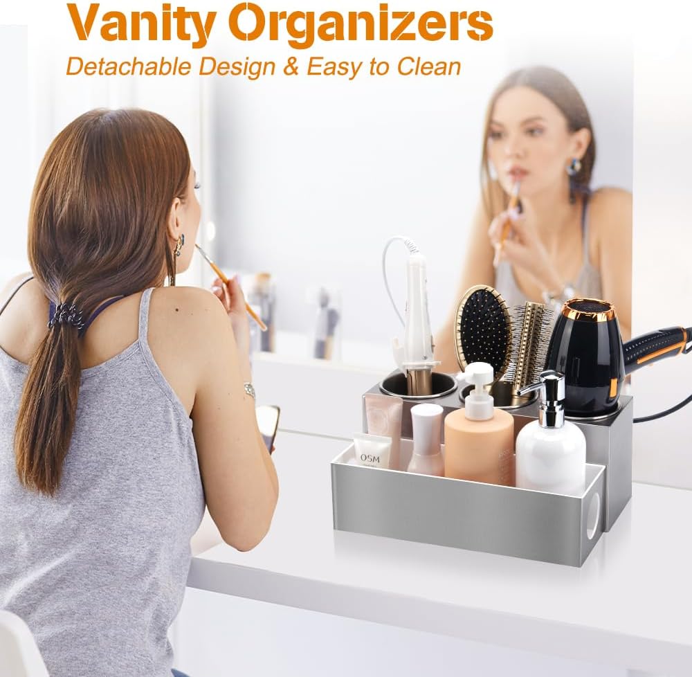 Hair Tool Organizer - Bathroom Vanity Organizers and Storage, Hair Styling Accessories Hot Tools Organizer Hair Dryer, Blow Dryer, Curling Iron, Flat Iron, Hair Straightener, Silver