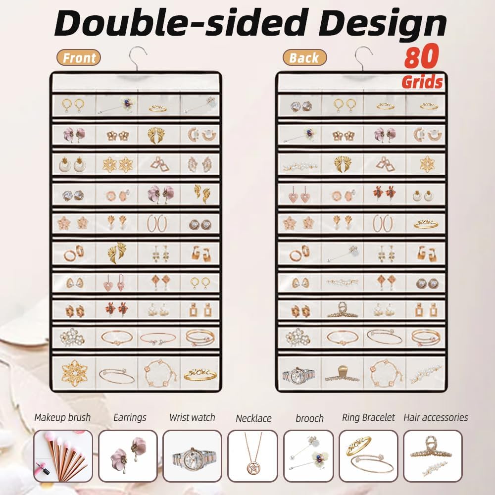Hanging Jewelry Organizer Storage Earring Jewelry Storage Bag With 48 Pockets Necklace Bracelet Ring Glasses Accessory Display Rack (White)