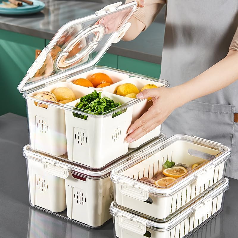 shopwithgreen Fruit Storage Containers for Fridge with Lid and Handle, Portable Fresh Produce Saver, Food Box Container with 4 Removable Colanders for Berry, Vegetable, Refrigerator Organizer Bins