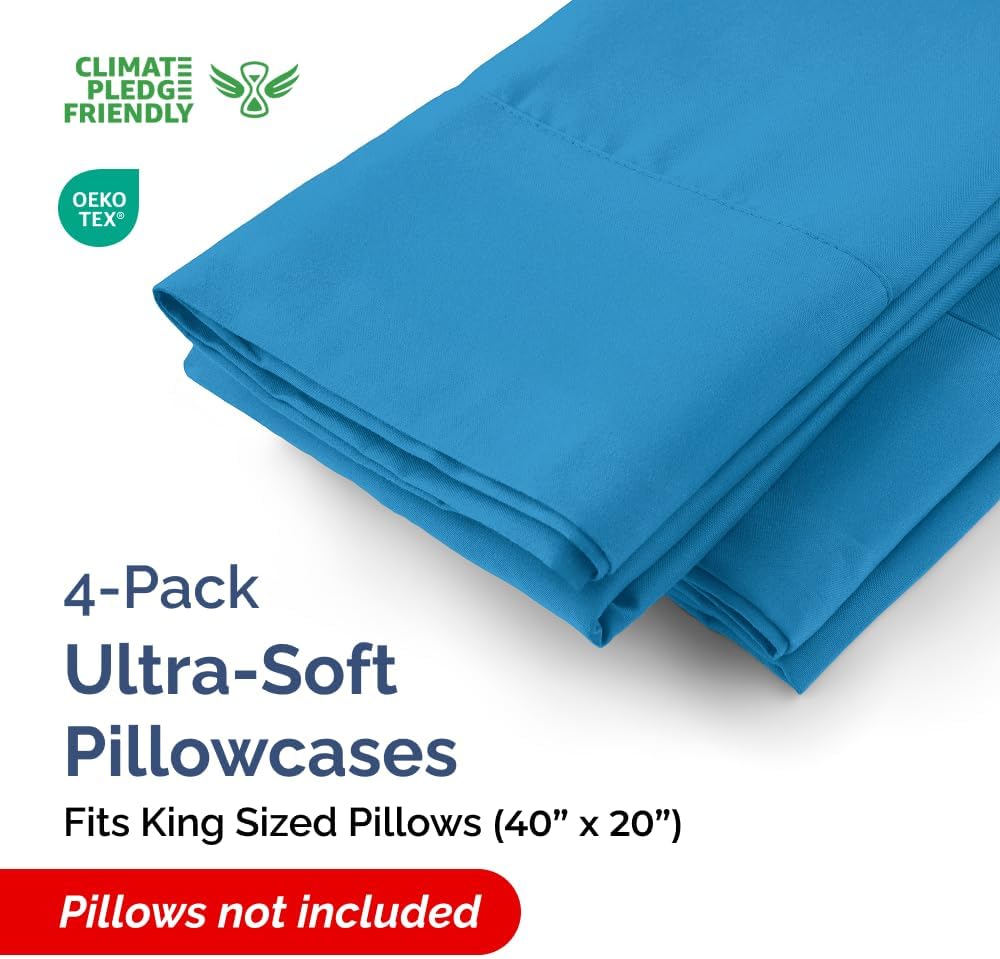 King Pillow Cases - 4 Pack - Super Soft Pillowcase Covers - Envelope Enclosure - Hotel Quality Pillow Protectors - Wrinkle Free, Shrink & Stain Resistant - Machine Washable - 20" x 40" (Denim Blue)