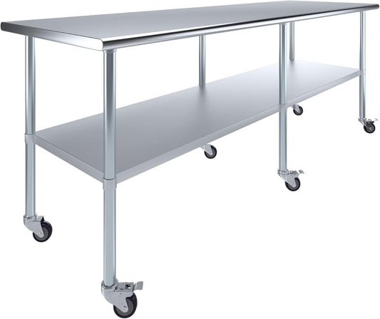AmGood 30" x 96" Stainless Steel Work Table with Casters | Heavy Duty Metal Utility Table On Wheels | Kitchen Island Cart
