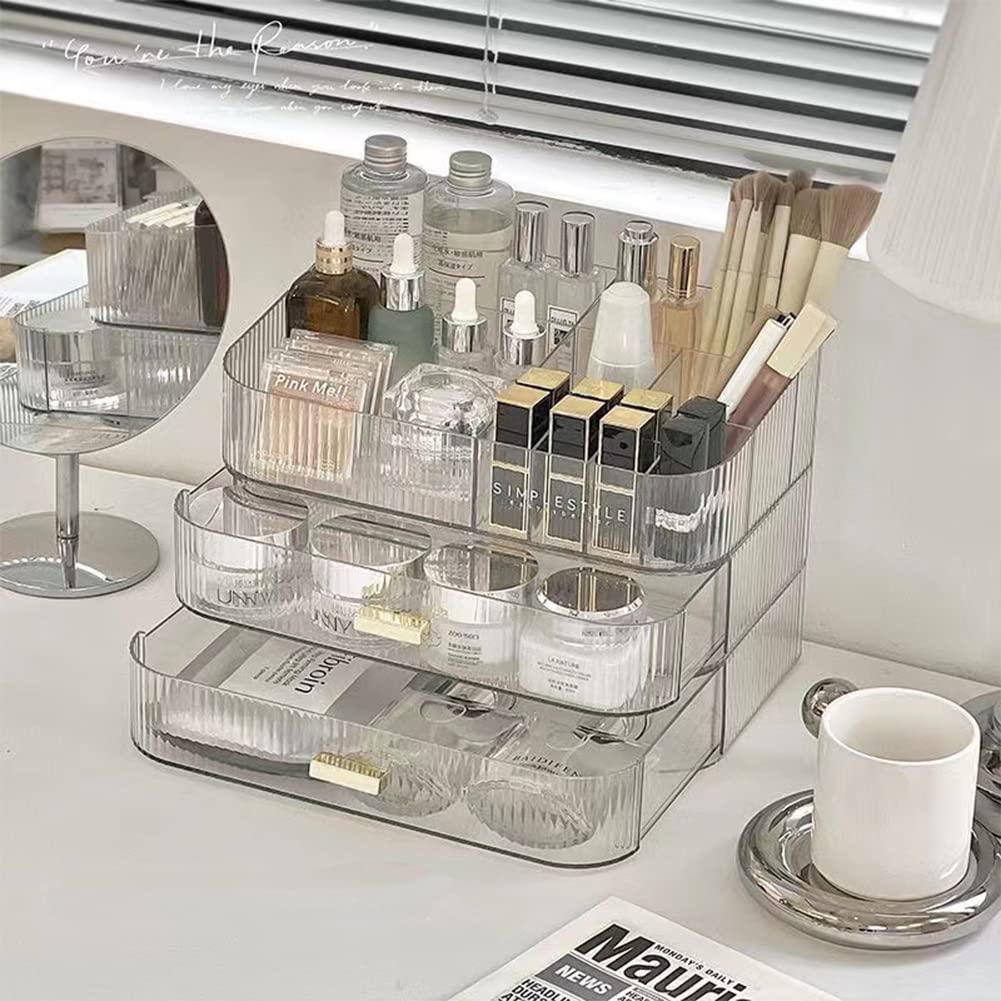 MIUOPUR Stackable Makeup Organizer Drawers, Bathroom Vanity Organizers and Storage, Ideal for Desk and Dresser Countertops, Great for Cosmetics, skincare, Lipsticks, Nail Care -Clear