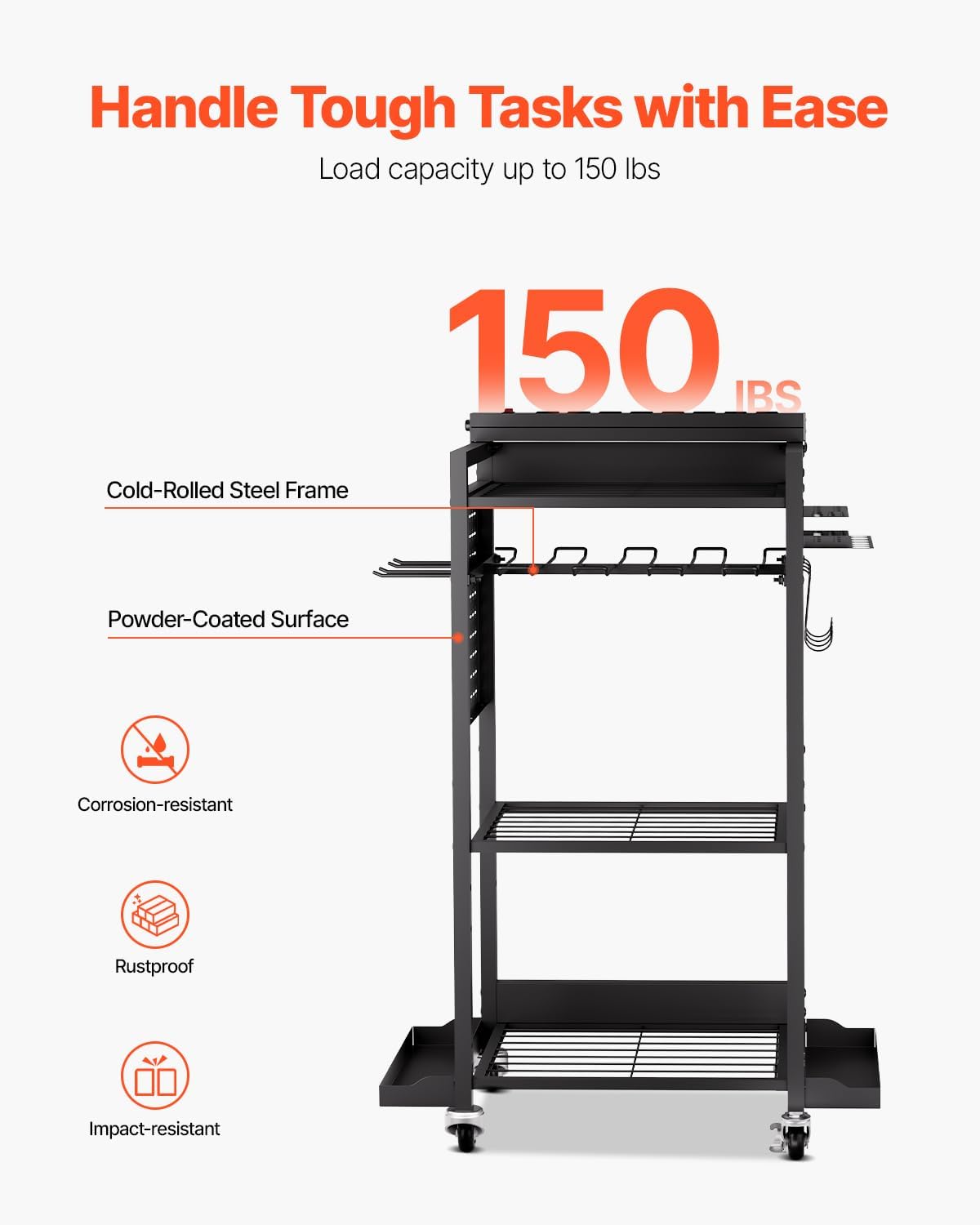 VEVOR 4-Tier Tool Organizer Cart with Charging Station, 8 AC Outlet, Floor Stand Rolling Drill Holder and Tool Battery Storage Rack on Wheels, Garage Floor Rolling Storage Cart for Workshop, Garage