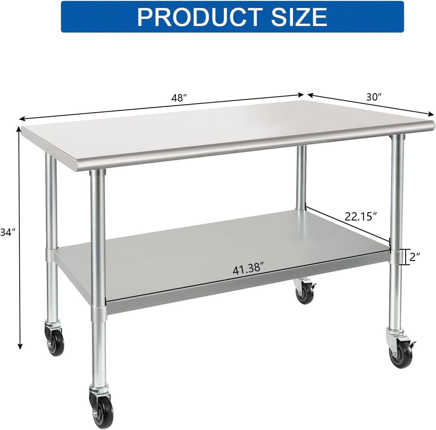 HARDURA Stainless Steel Table with Wheels 30 x 48 Inches Casters NSF Heavy Duty Commercial Work & Prep Table with Undershelf and Galvanized Legs for Restaurant Kitchen Bar and Hotel Garage