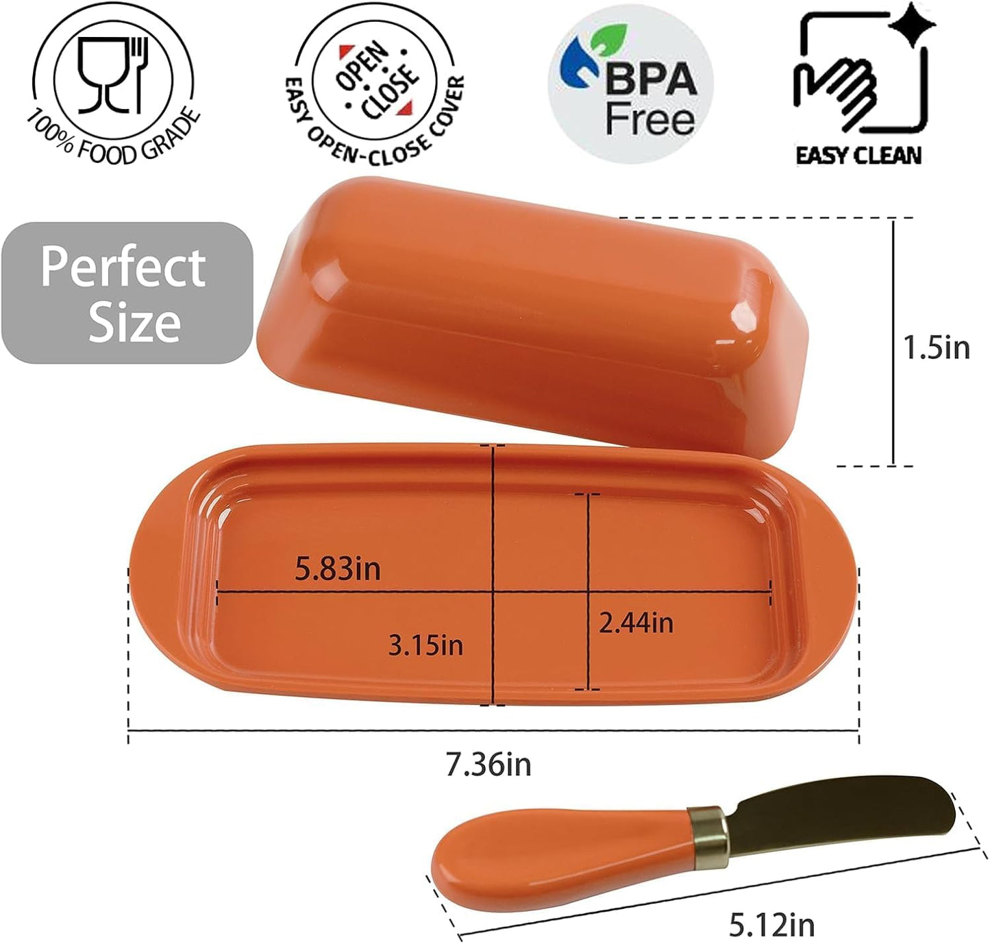 Butter Dish with Lid and Knife, Durable Countertop & Fridge Butter Keeper, BPA-Free Melamine Butter Container, Dishwasher Safe, Fits East/West Coast Butter Sticks (Pumpkin Orange)