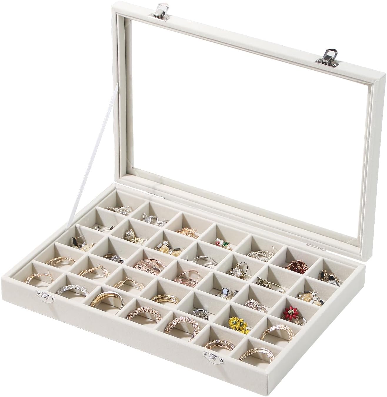 Coward Ring Earring Jewelry Organizer Box, 35 Grids Dustproof Display Holder Case, Beige Velvet Jewelry Bead Display Tray Case with Transparent Glass Lid for Momen Girls