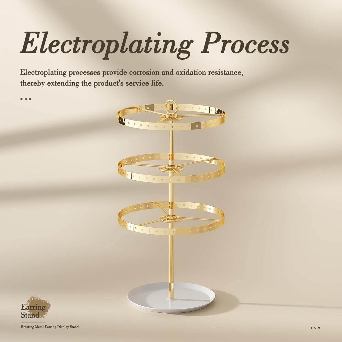 3 Tiers Earring Holder Organizer, Metal Rotating Earring Stand Adjustable Display Tree, 126 Holes Carousel Rack for Stud Hoop Pierced Dangling Women, Perfect View for All Earrings (Gold)