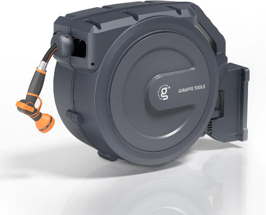 Giraffe Tools AW30 Retractable Garden Hose Reel 5/8inch x 62ft Hose Reels for Outside, with 9- Function Sprayer Nozzle, Any Length Lock/Slow Return System/Wall Mounted/180°Swivel Bracket