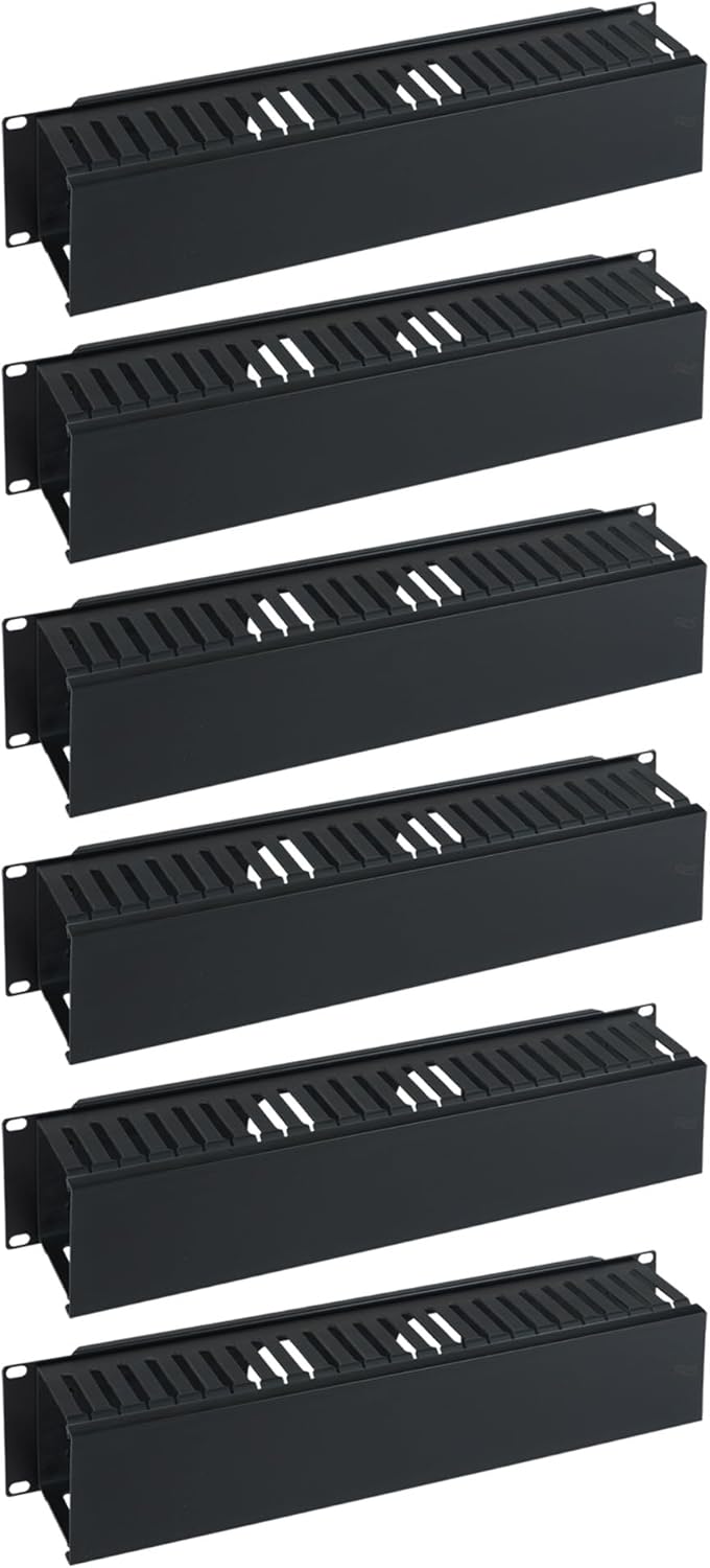 ICC 2U Finger Duct Cable Manager Panel with Cover, Plastic with Metal Back Frame, 3" Depth, Horizontal Cable Management, Rackmount for 19” Network Racks, Black, 6-Pack